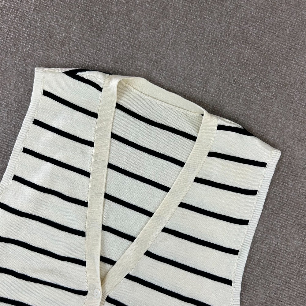 Commense Effortless Vest Womens Medium Beige Black Striped Stretch Button Front